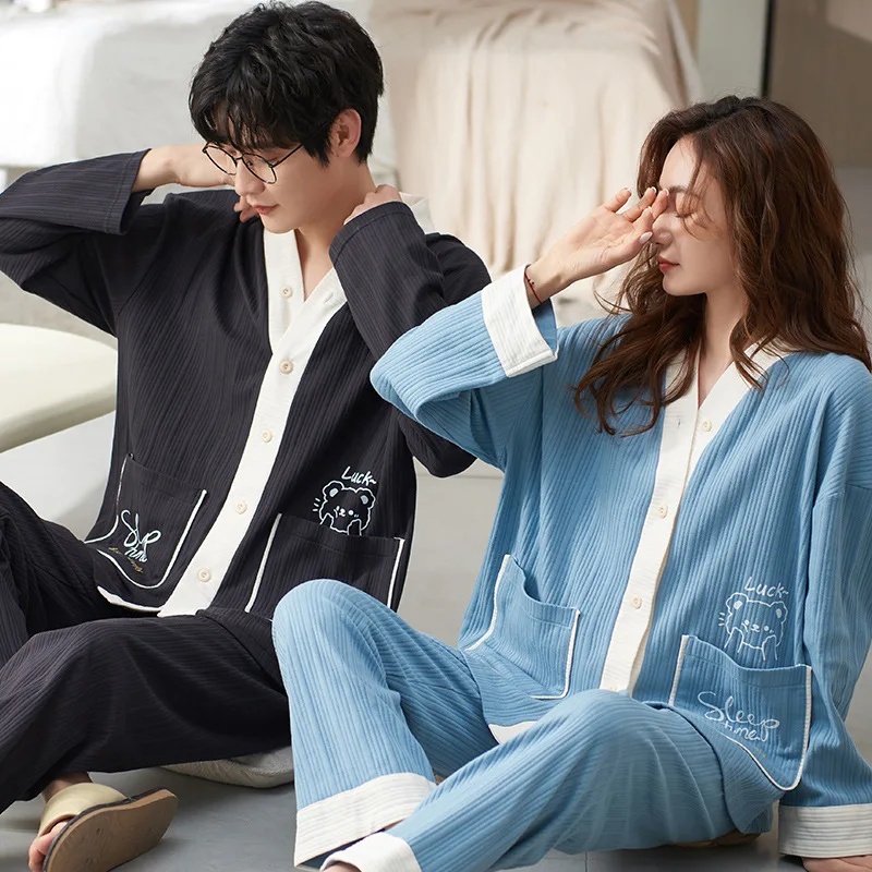 Couples Kimono Pajamas Set Women Nightwear Men Sleepwear Autumn Spring nightie Long Sleep Tops Pant Pjs Home Clothes Free Ship