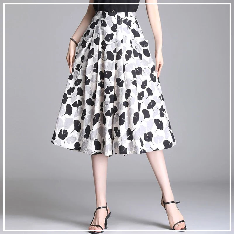 2024 New Summer Fashion Elegant Temperament Commuting Style High Waisted Slimming Print Loose Oversize Five Point Wide Leg Pants