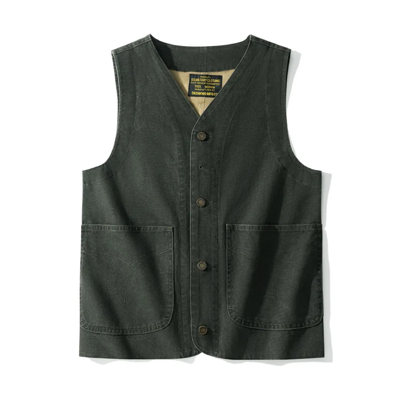 Retro Double-layer Canvas Striped vest Spring Outdoor Camping Hiking Tooling Working Workwear Top Men Women Waist Coat