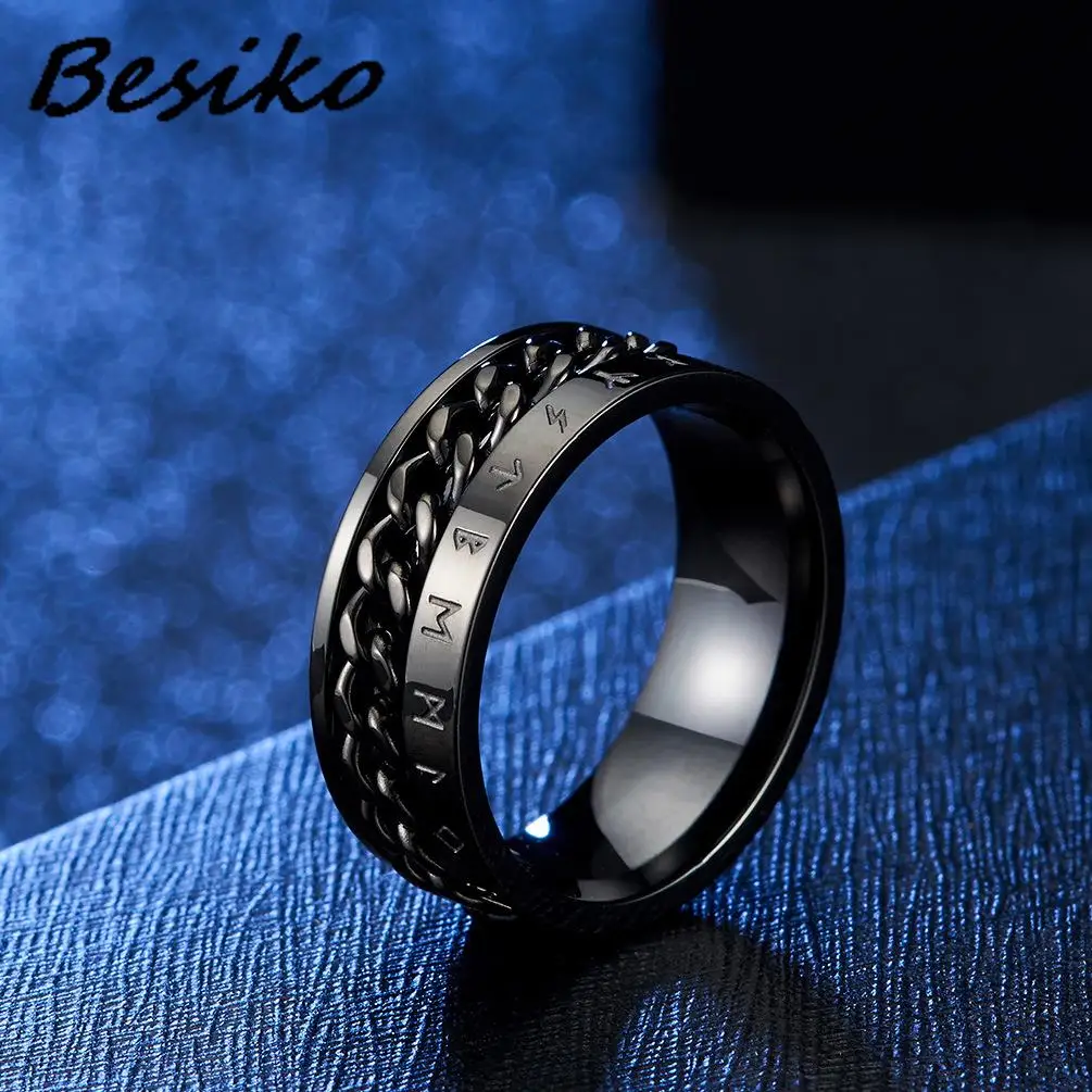Besiko New Anti Stress Anxiety Ring Figet Spinner Stainless Steel Rings For Men Women Retro Norse Viking Runes Rotatable Ring 2
