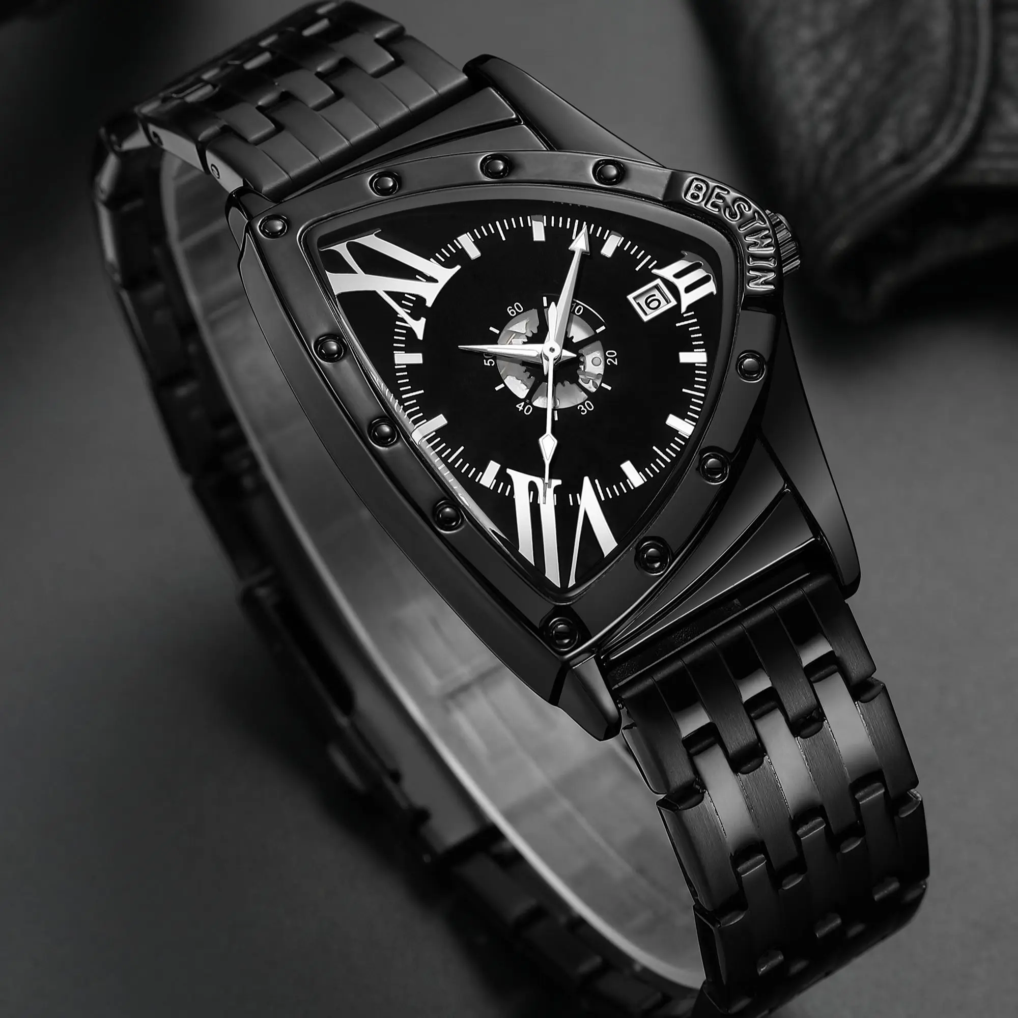 Bestwin Triangle Luxury Brand Trend Cool Men's Wrist Watch Stainless Steel Technology Fashion Quartz Watch Men Relogio Masculino