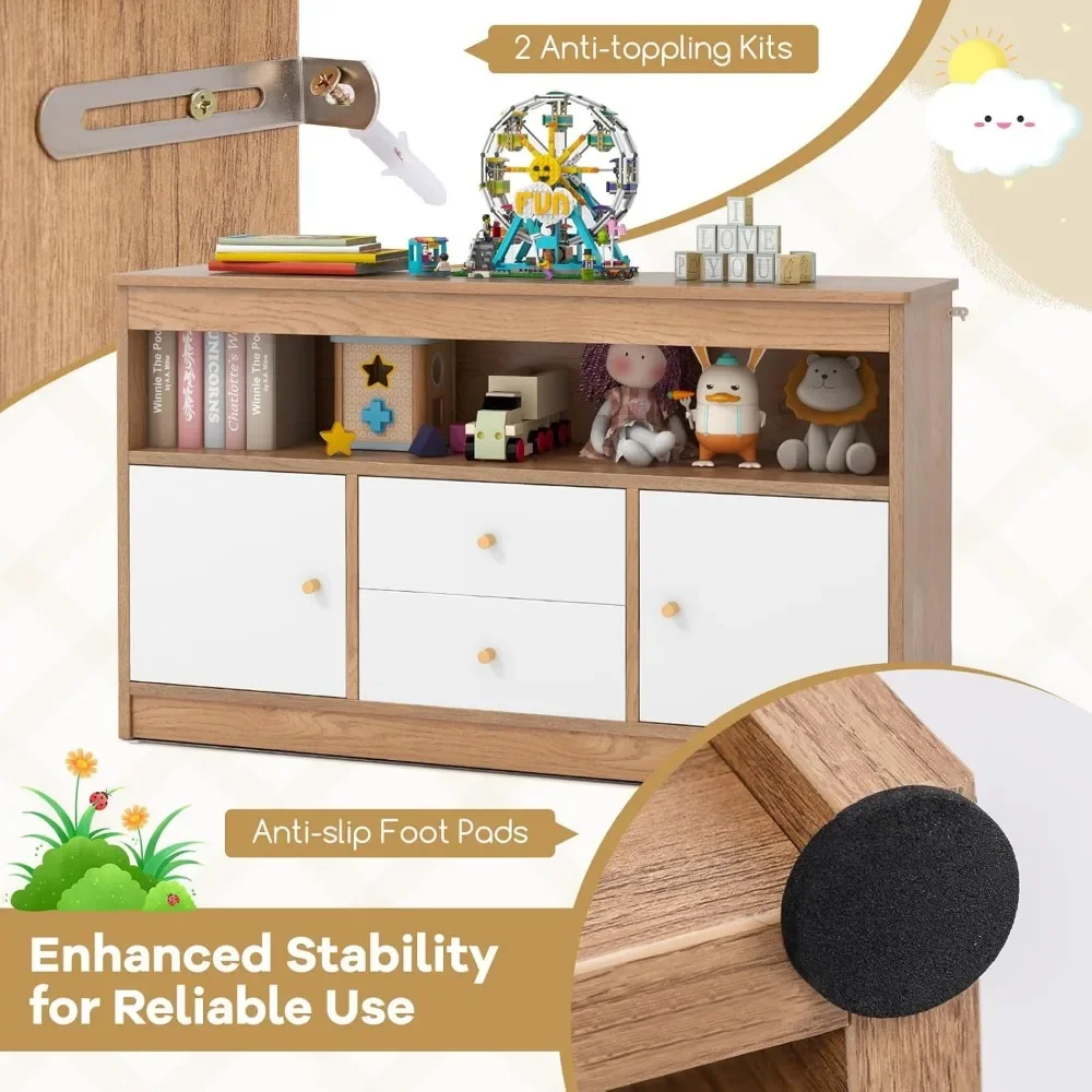 Toy Storage Organizer, Wooden Kids Bookshelf with 2 Drawers, 2 Cabinets & Open Shelf, Toy Organizers and Storage for Playroom 4