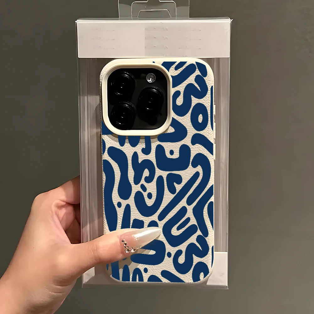 Blue Abstract Letter Pattern Lychee Soft Phone Case Cover
