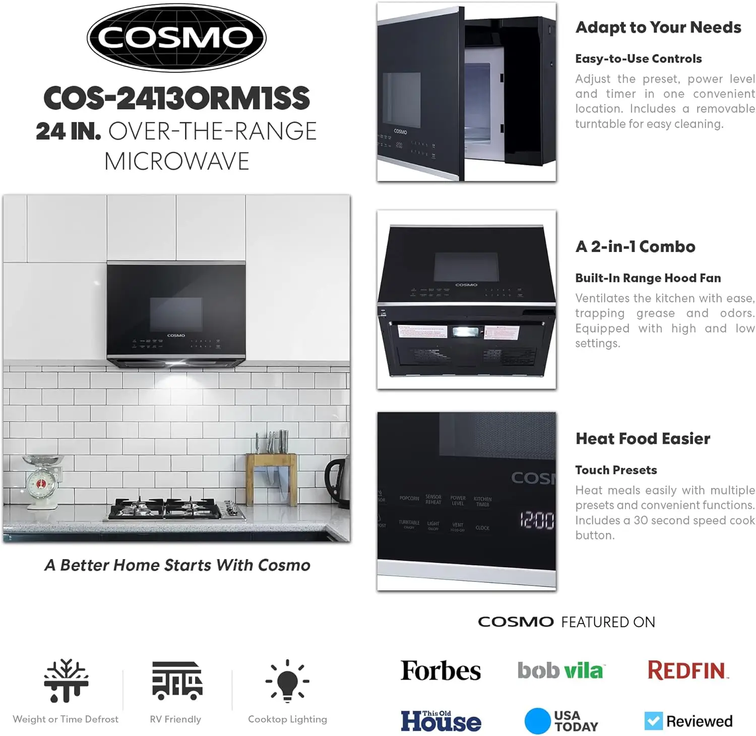 2413 1  Over the Range  Oven with Vent Fan, 1.34 cu. ft. Capacity, 1000W, 24 inch, Black / Stainless Steel 3