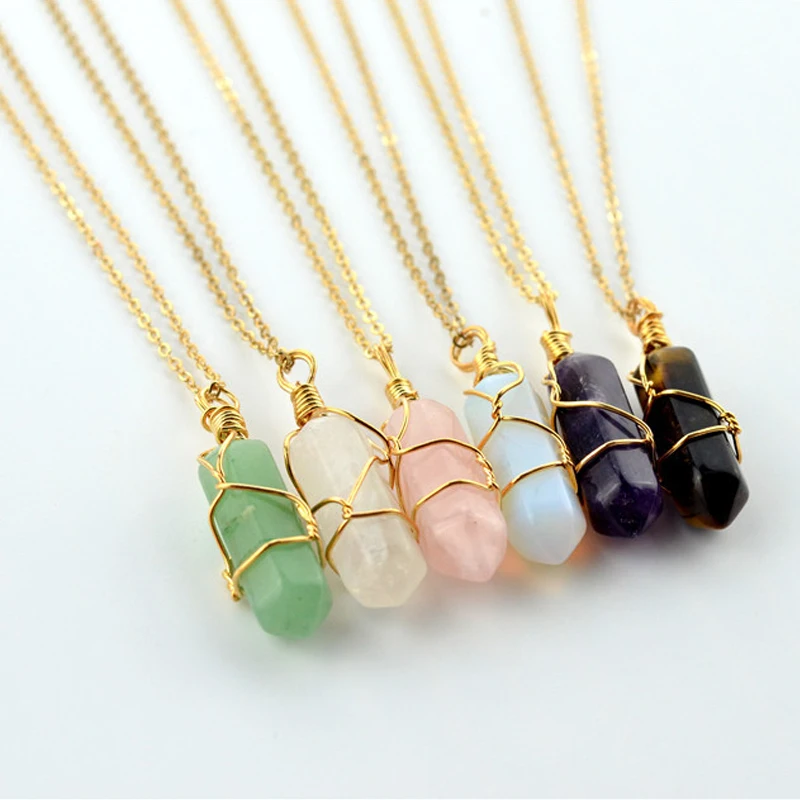 

European And American Style Bullet Natural Rough Stone Pendant Hexagonal Pillar Crystal Winding Necklace DIY Handmade Jewelry