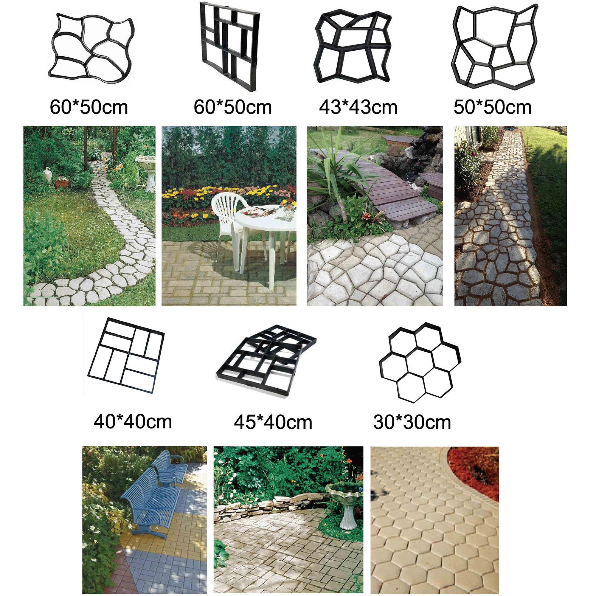 Plastic Path Maker Mold Manually Paving Cement Brick Stone Road DIY Concrete Molds Tool for Garden, 40*40