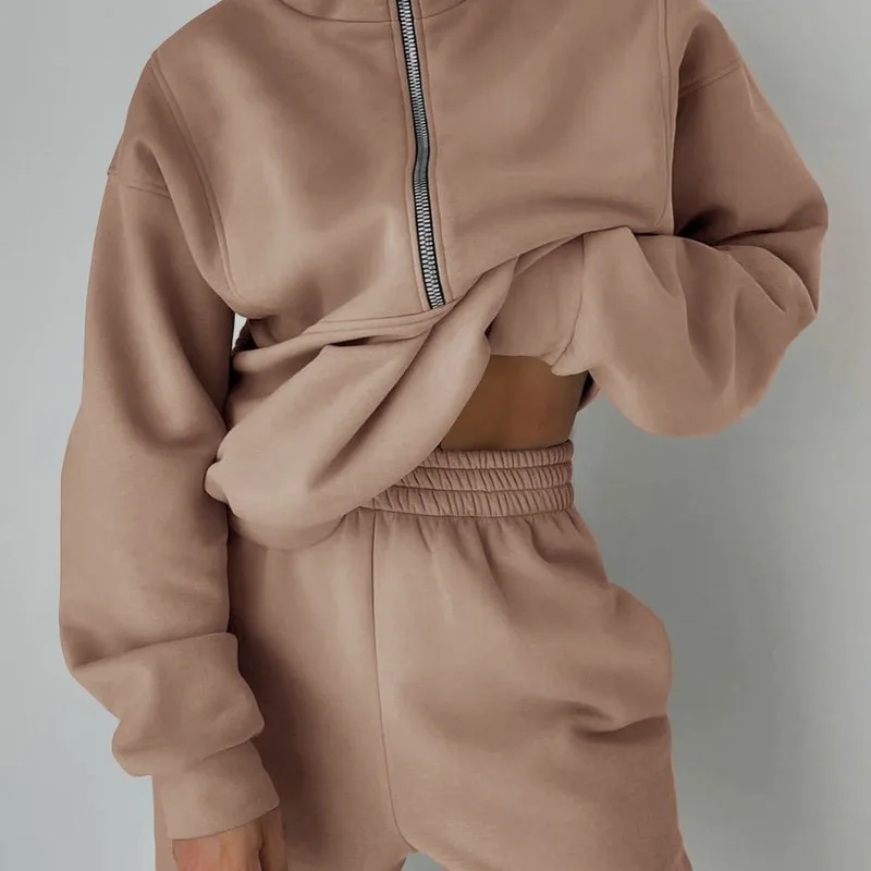 2024 Autumn/winter New Women's Fashion Fleece Thick Sports Leisure Solid Color Zipper Long Sleeve Pants Two-piece Women's Suit