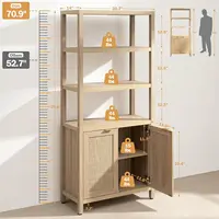 Bookshelf 5 Tier Book Shelf Rattan Boho 71" Tall Bookcase with Doors Storage Shelves Large Bookshelves Farmhouse Bookcas 2