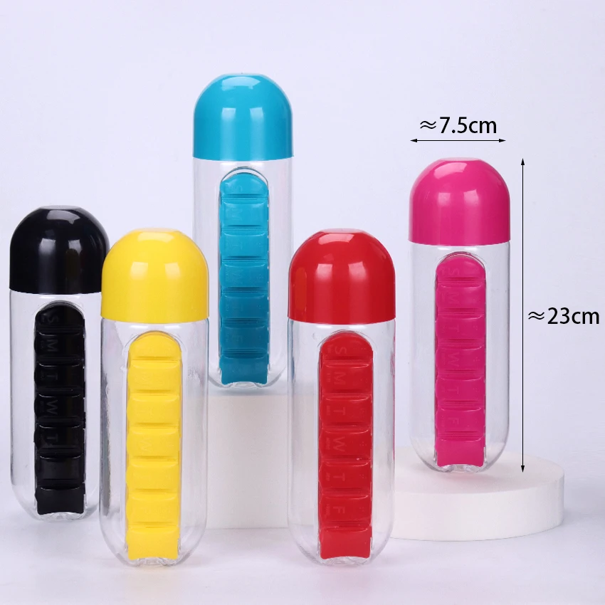 Water Bottle With Pillbox Plastic Medicine Pills Box Portable Drink Bottle  2 pc