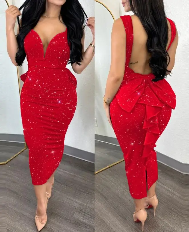 

Dresses Women Sexy Night Out Plunge Glitter Ruffle Hem Backless Sleeveless Fashion Bodycon Party Dress 2023 Summre Vestidos