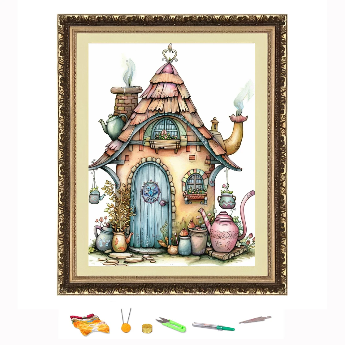 Cross Stitch Embroidery Kit Cartoon Teapot House Landscape Thread Drawing DIY Needlework Kit Decorate Printed on Canva 11CT