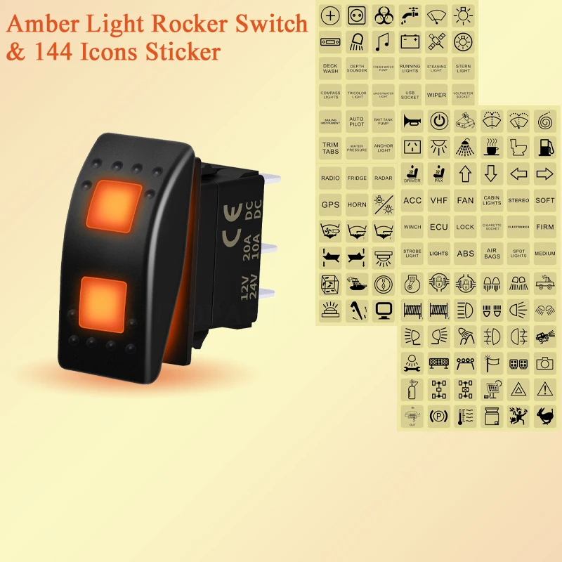 Détail du connecteur arrière de l'interrupteur à bascule 12V 20A 3 positions ON-OFF-ON avec double LED orange pour 4x4, UTV, ATV, bateau, montrant les cosses.
