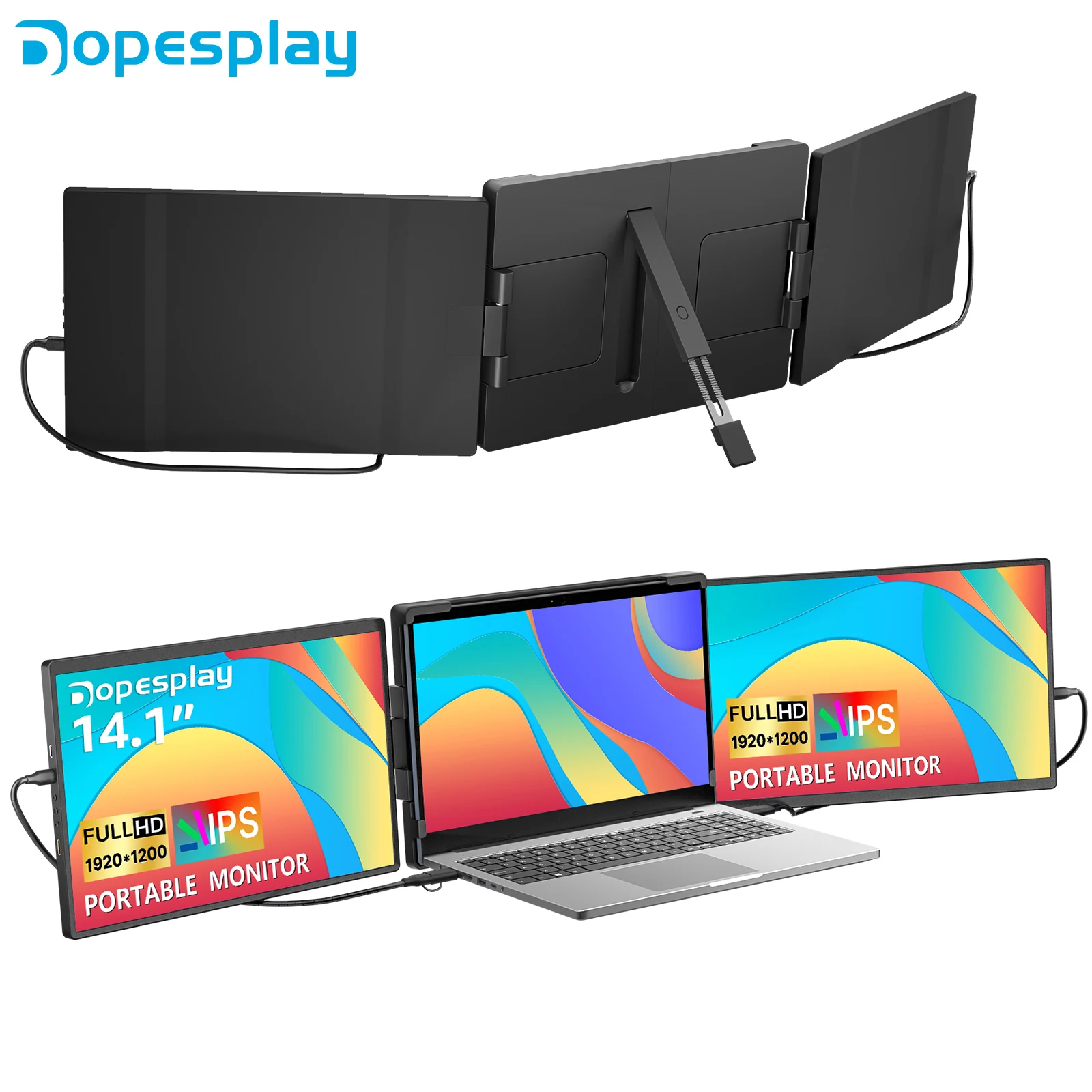Dopesplay 14.1″ Triple Portable Monitor For Laptop 1200P FHD IPS Screen Extender Type-C USB For PC Switch Mac Up to 17.3 Laptop