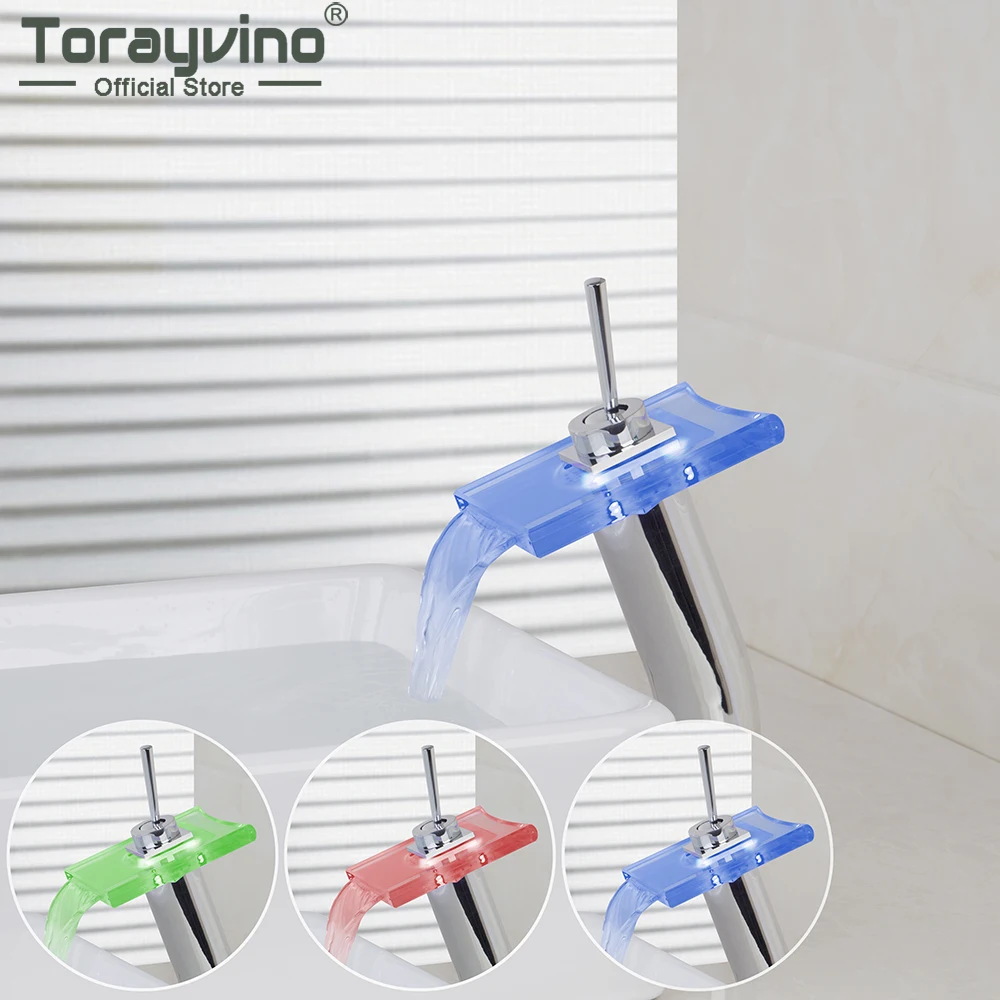 

Torayvino LED Waterfall Spout Bathroom Faucet Deck Mount Basin Sink Single Handle Chrome Bathtub Faucets Hot & Cold Water Tap