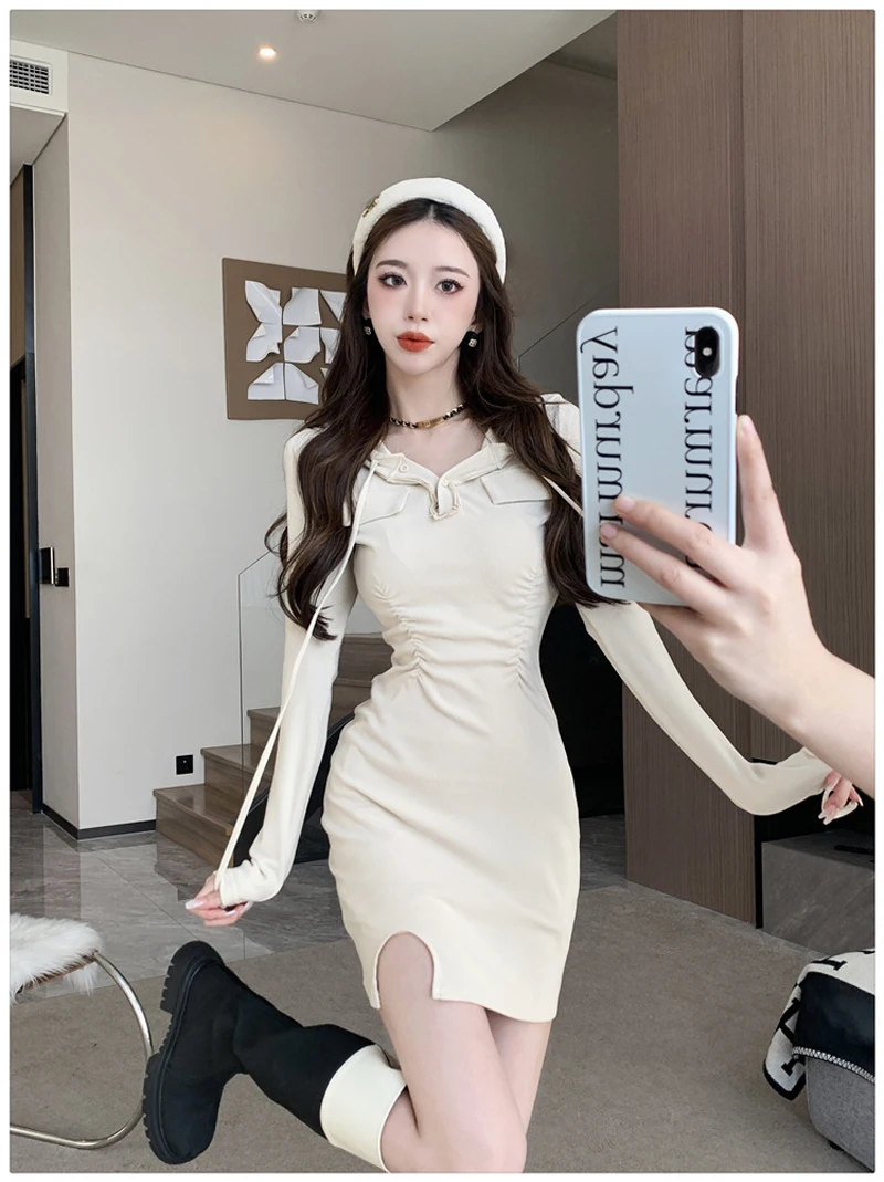

Spicy Girl Royal Sister Sexy Slimming Drawstring Hooded Dress for Women's New Slim Fit Mid Length Waist Split Skirt Club Dress