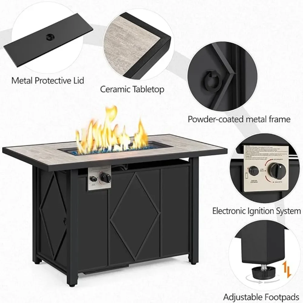 43 Inch Gas Fire Pit Table 50,000 BTU Auto-Ignition 2 in 1 Gas Firepit Ceramic Tabletop Steel Base Pits