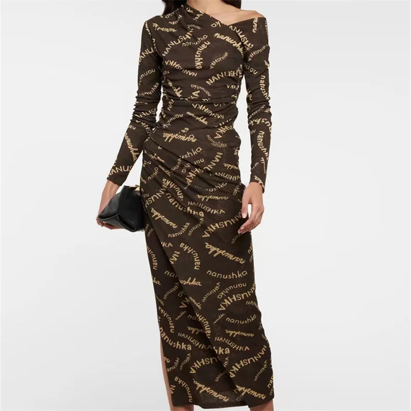 

Hungarian minority N@nushka Letter print split suit skirt women's retro style asymmetrical shoulder top pleated skirt with slit
