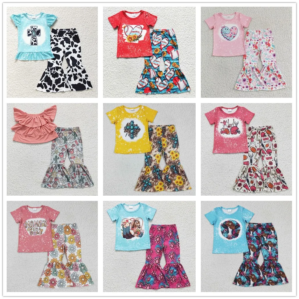 

B​est Selling RTS Kids Wholesale Clothes Baby Boutique T Shirt Outfits Toddler Girls Bell Bottoms Sets