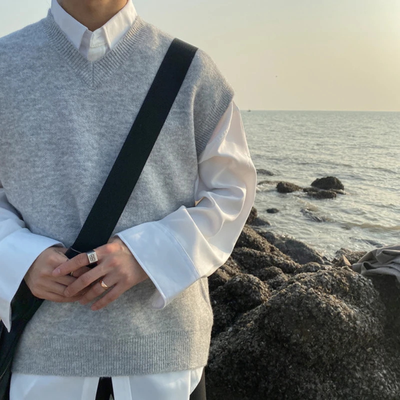 

V-neck Simple All-match Vest M-3XL Male Style Ins Size Tops Cozy Sweater Korean Basic Men Solid Leisure Sleeveless Plus Knitted