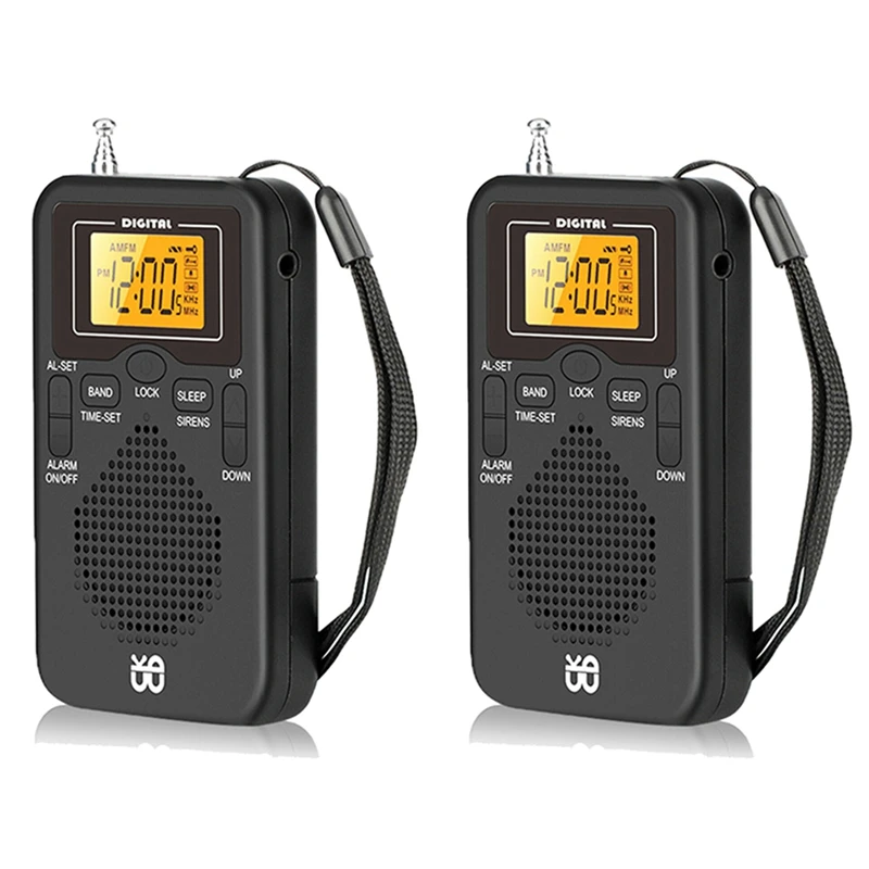 2X Radio Portatile Mini Am Fm Meteo Radio Pocket Radio Schermo Lcd Sveglia Digitale Radio Player