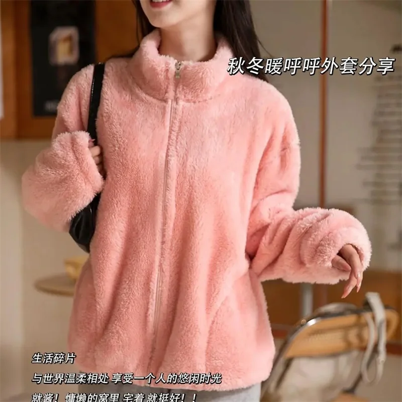 

Outerwear Jacket Zippered Cardigan Plush Autumn Winter Loose Fitting Topwes ternized Long Sleeved High Collar Warm And Commuting