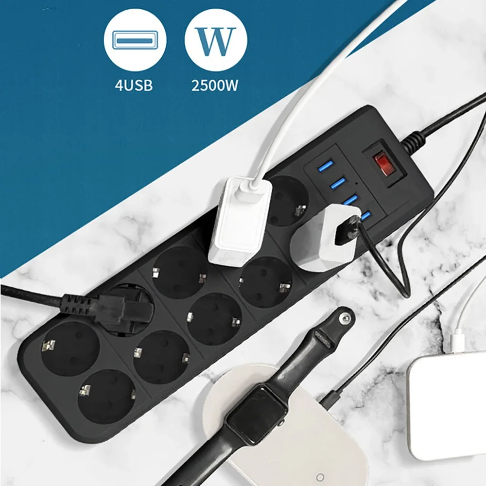 Melery-power Strip Tomada eu Tomada ac Porta de Carregamento Usb Cabo de Extensão 2m 10 Way Computador tv Smartphone Homekit Eletrodomésticos - Image 2