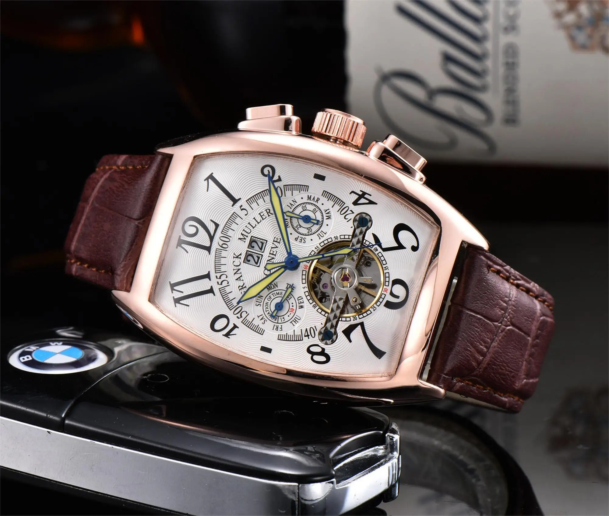 FRANCK MULLER Luxury Automatic Mechanical Watches for Men WristWatch Tourbillon Skeleton Wrist Clock Male Tonneau Man Wristwatch