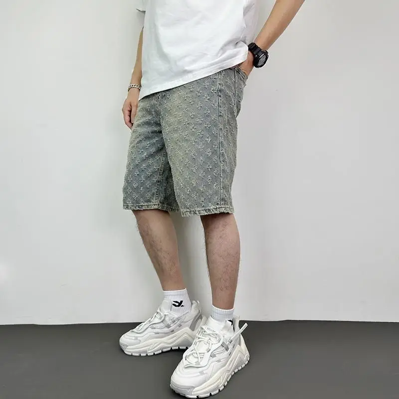 New American High Street Jacquard Ripped Summer Loose Straight Retro Five-point Denim Shorts