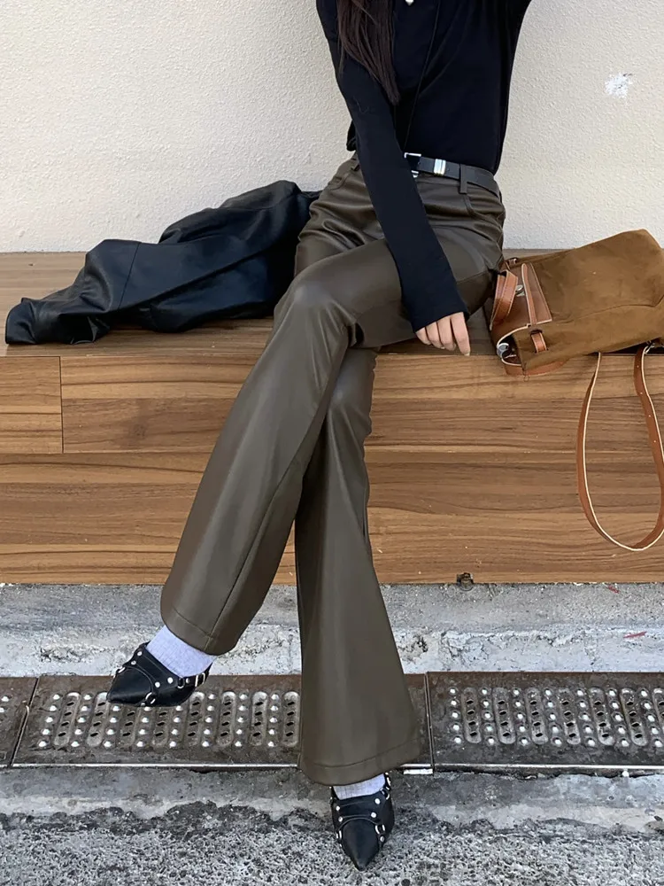 Women's Brown Pu Leather Flared Pants, Streetwear, High Waisted, Vintage, Slim Trousers, Ladies Fashion, Fall Clothes, Y2k,