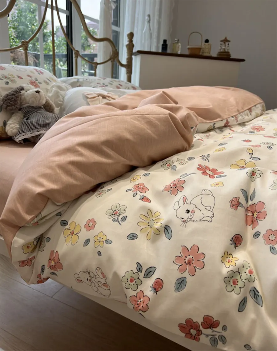 

Rustic pastoral flower rabbit bedding set, kawaii cotton twin full queen king home textile flat sheet pillow case duvet cover