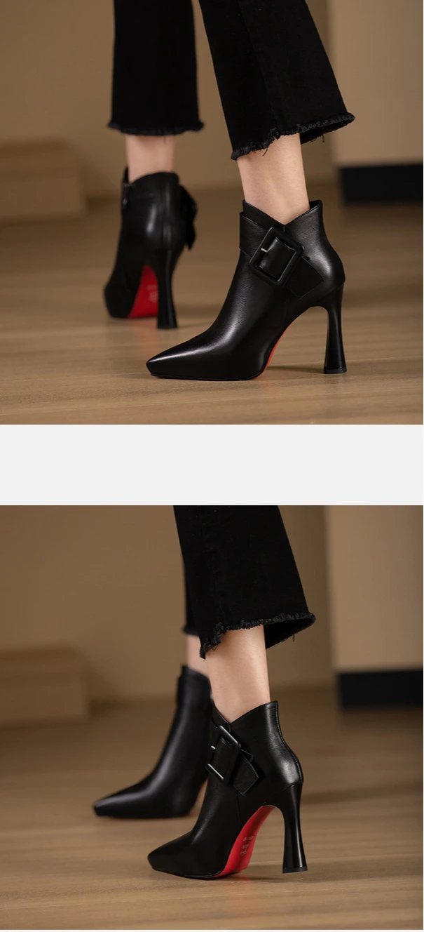 2024 Schwarze Damen High Heels Spitze Rutschfeste Lederstiefel mit Schnallenverschluss Sexy Low-Top Schuhe Lässige Modische Damenpumps – Detail 4