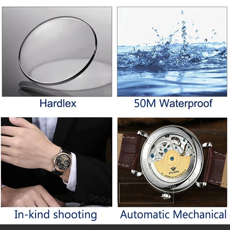 AILANG Fashion Steampunk Skeleton Mechanical Watch Men Luxury Leather Strap 50M Waterproof Hollow Automatic Watches for Mens