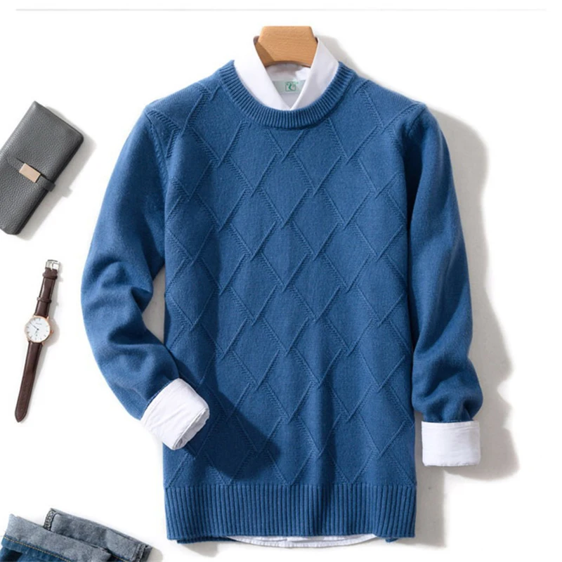 Cashmere Sweater Men's O-Neck Thickened Diamond Sweater Loose Large Casual Knit Backing Winter Wool Sweater 2