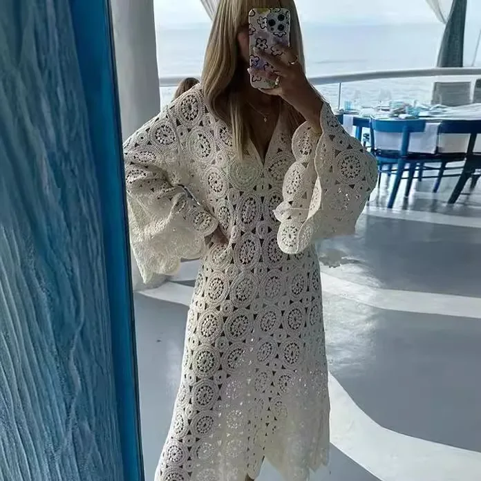 

Sexy Knitted White Maxi Dress Women Elegant Hollow Out Eyelet Beach Sundress Long Sleeve V Neck Crochet See-throught Robes