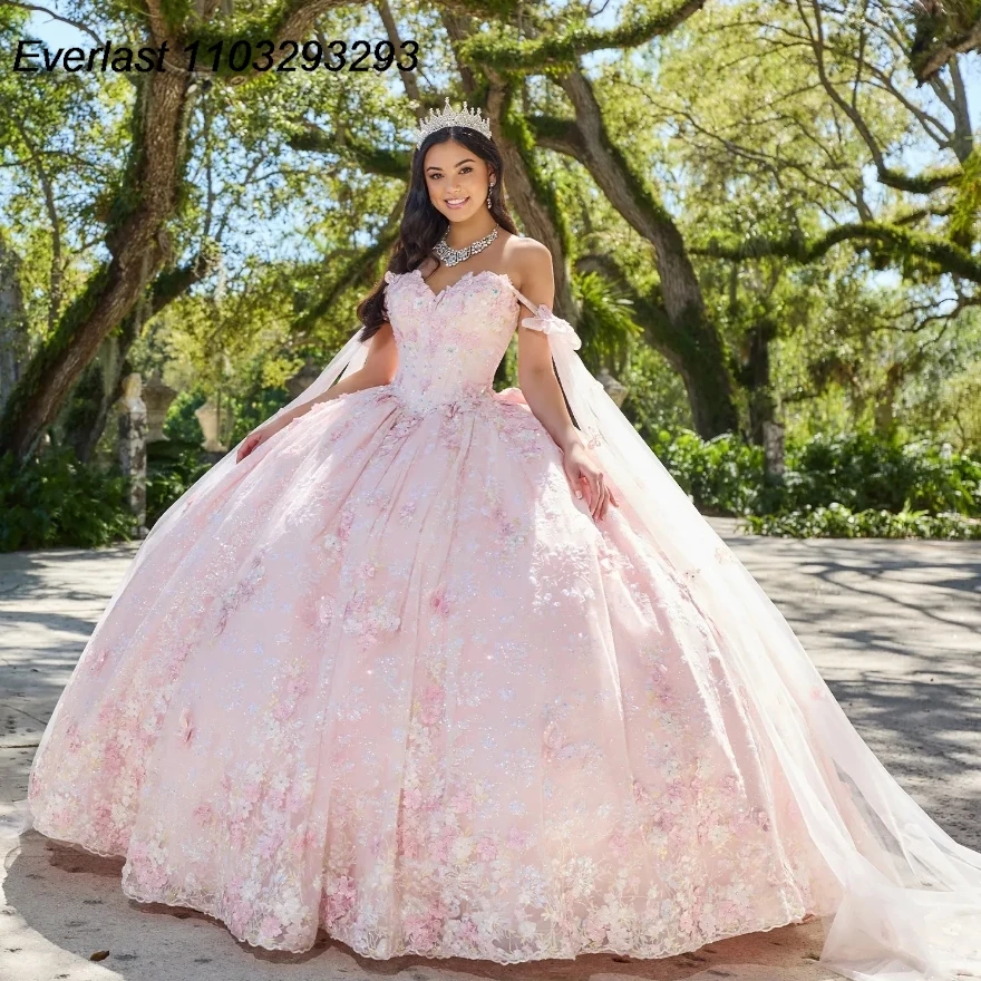 

EVLAST Pink Quinceanera Dress Ball Gown 3D Floral Appliques Beaded With Cape Mexico Corset Sweet 16 Vestido 15 De XV Años TQD184