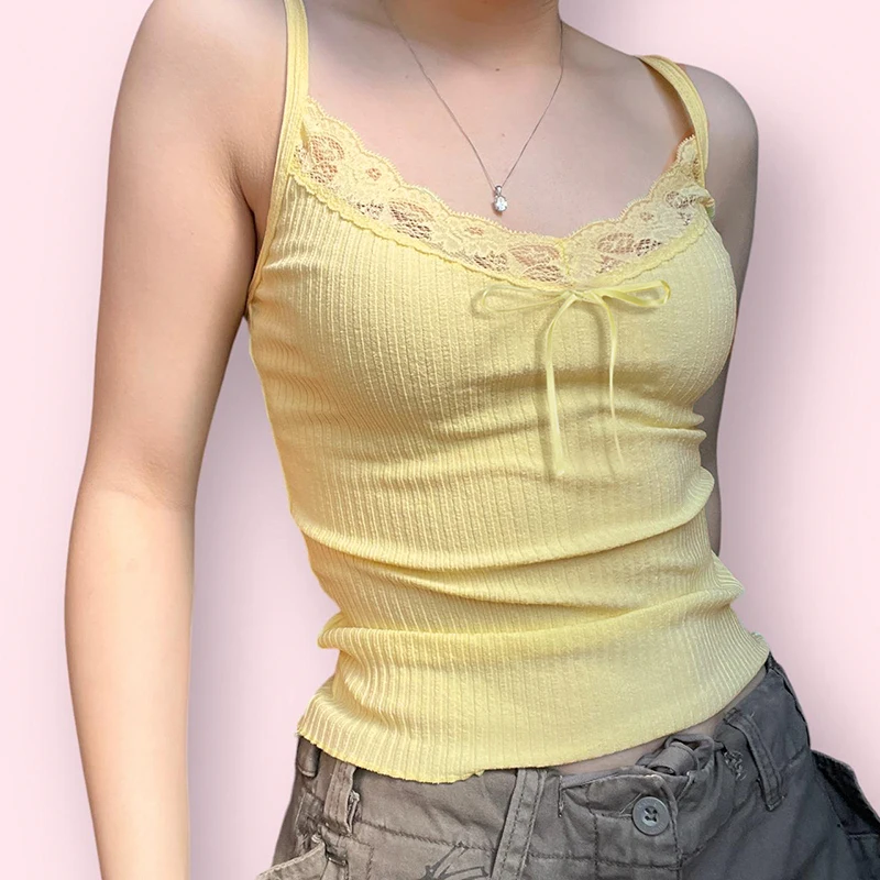 IAMHOTTY Y2K 레이스 패치워크 캐미스 여성용 코케트, 미적 슬림핏 민소매 상의, 귀여운 시크, 우아한 니트 캐미스 베이직