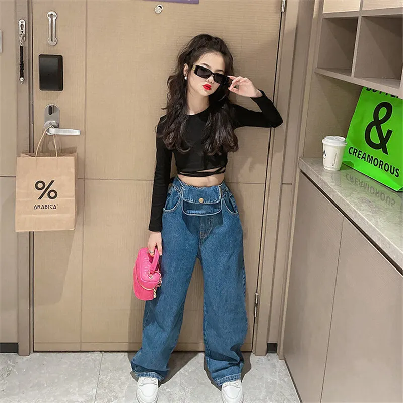 Spring Autumn Girls T Shirt Top with Straps Cross Teenage Tee Shirt Toddler Children Clothes Fashion Kids Crop Top 5-14Years Old 6