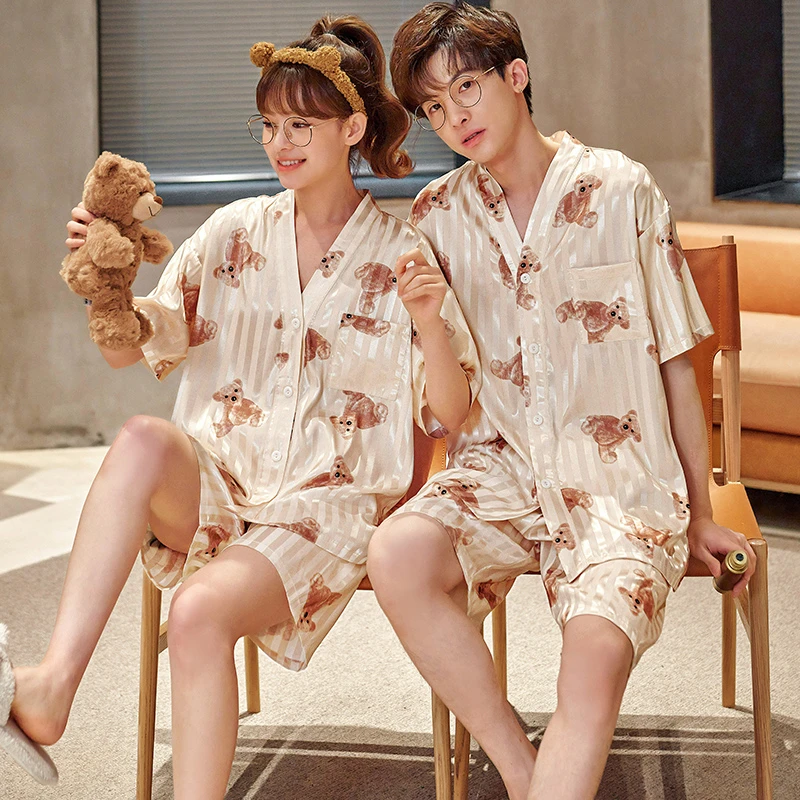 Cartoon Bear Adult Pajama Sets Women Men Sleepwear V-Neck Silk Cloth Home Clothes Short Sleeve Couple Korean Loose Pyjama