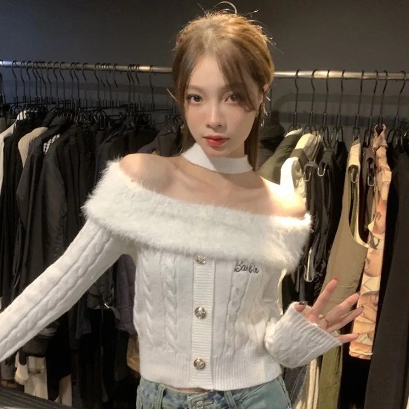 

One Line Collar Spicy Girls Knitwear Women Korean Solid Slim Fashion Sweet Temperament Winter Underlay Pullover Female Sweater