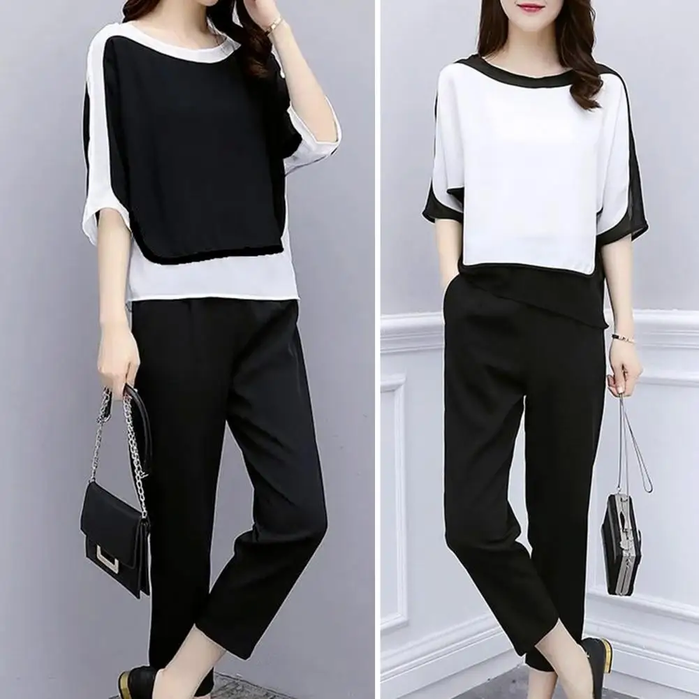 

2Pcs/Set O-Neck Batwing Half Sleeve Outfit Mid-rise Pockets Activewear Patchwork Color Tee Top Straight Leg Pants Matching Set