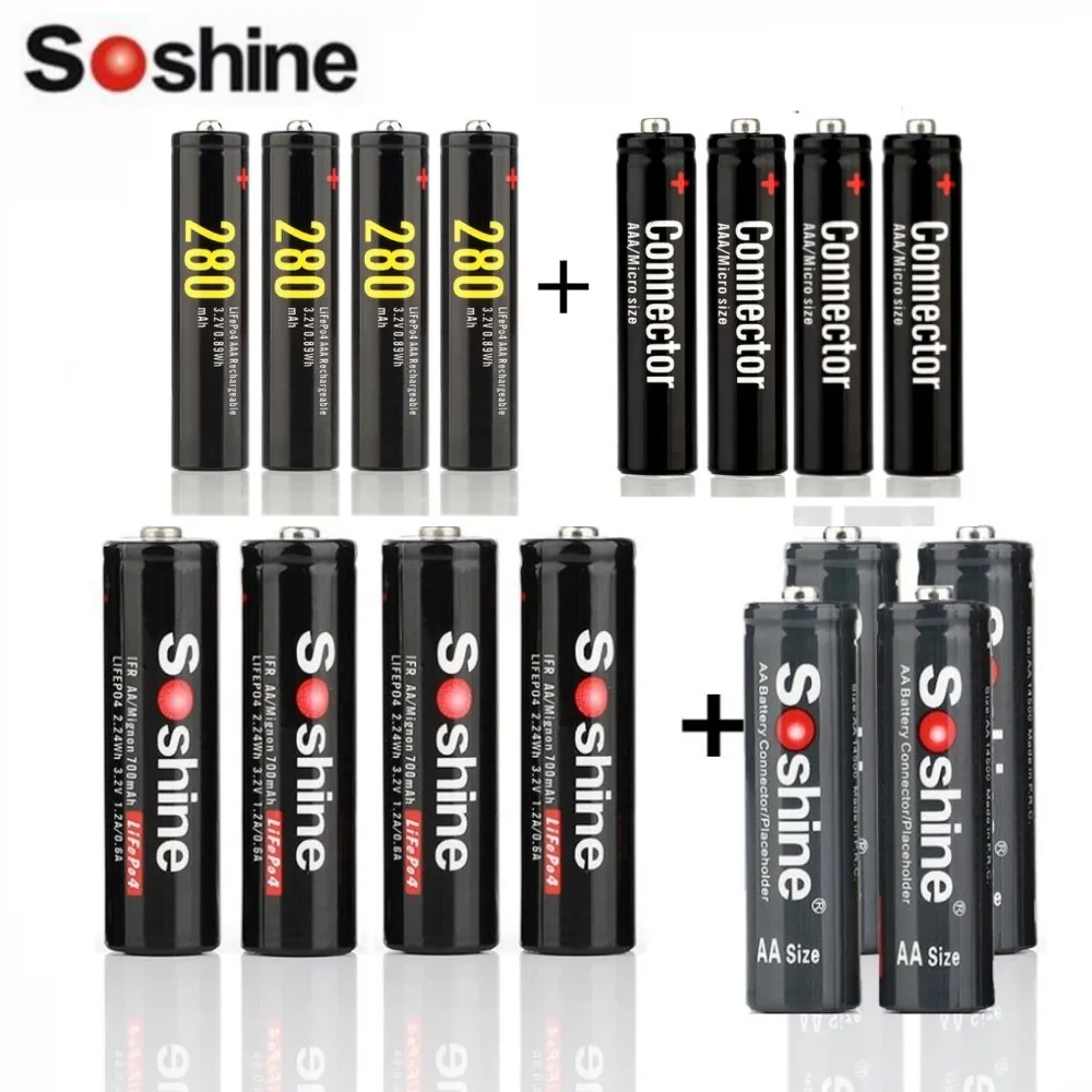 Soshine 3.2V LiFePO4 4x14500 700mAh  AA And 4x10440 280mAh AAA Rechargeable Battery With 4xAA and 4xAAA Connector