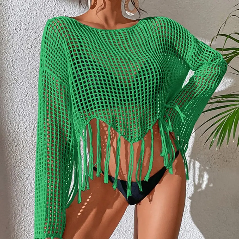 

See Through Hollow Out Bikini Cover Ups Tops Women Beachwear Flared Long Sleeve Tassel Smock Crop Tops Sexy Swimsuit Cover-Up