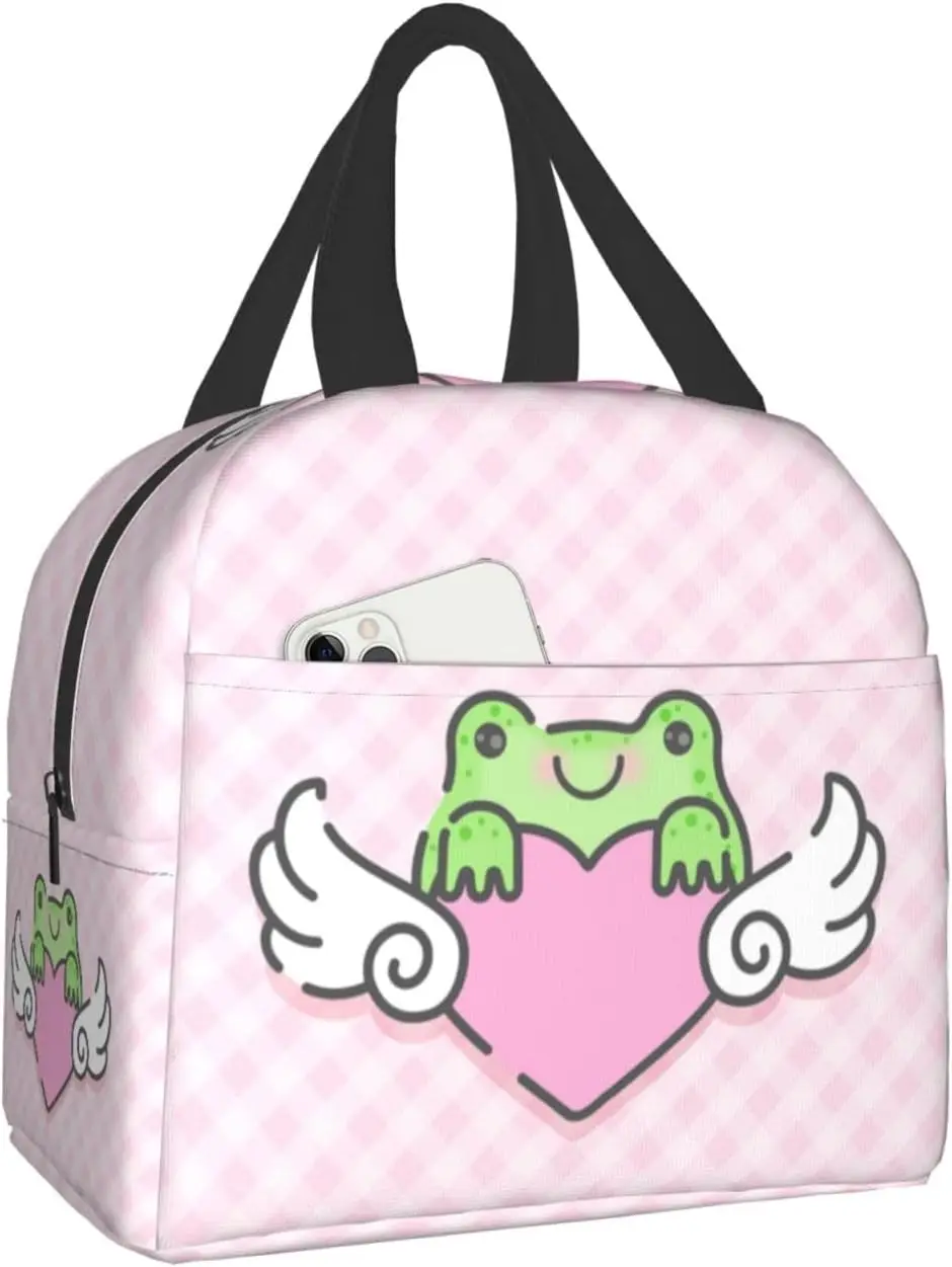 

Lovely Little Frog with Winged Heart Lunch Bag Small Insulated Lunch Box with Front Pocket Cute lunch Bags for Girls Boys F