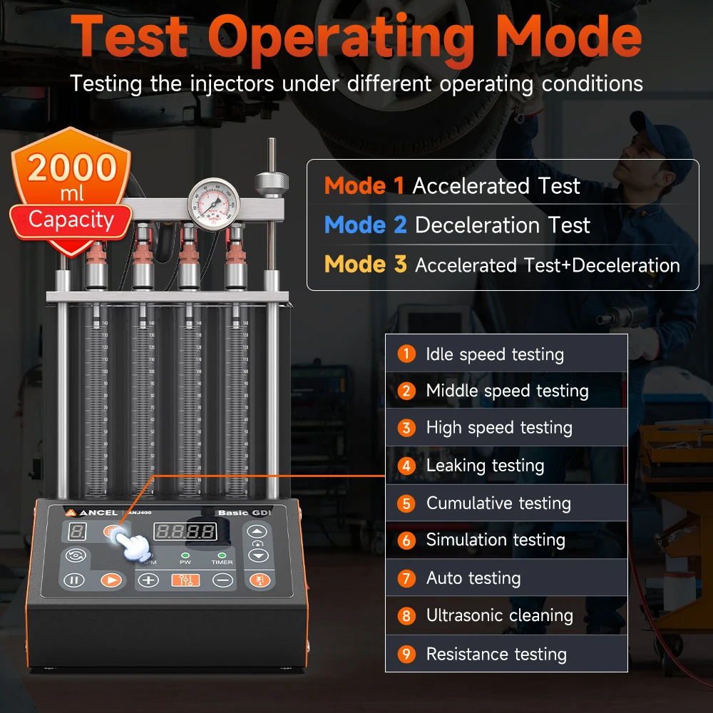 ANCEL ANJ400 GDI Injector Cleaner & Tester 4 Cylinders Original Car Fuel Injector Tester Cleaning machine Motorcycle Fuel Inject 6