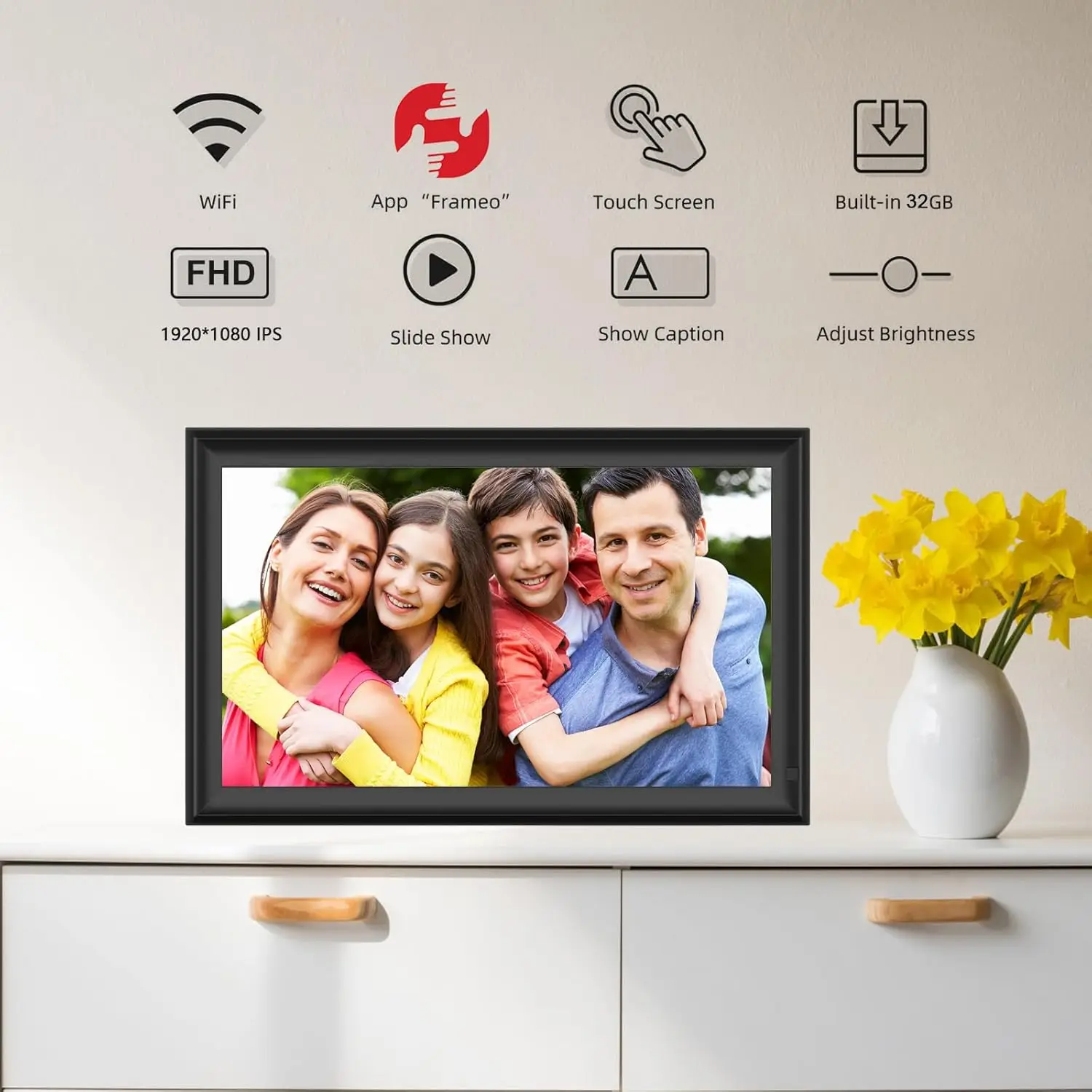 FRAMEO WiFi Digital Picture Frame 32GB Smart 15.6 Inch Digital Photo Frame FHD IPS Touch Screen,Wall-Mounted, Auto-Rotate Easy S