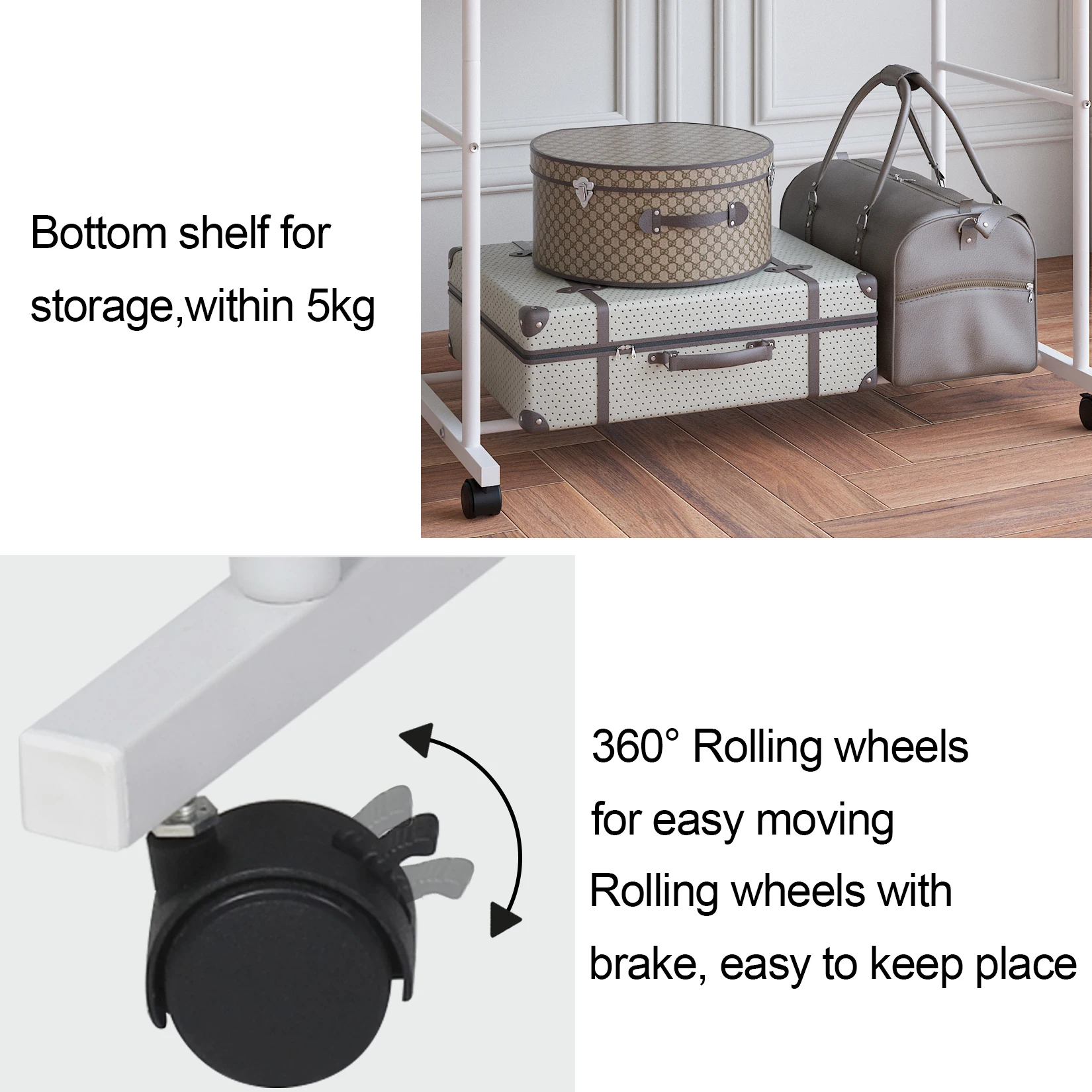 Clothing Garment Rack Stand with Wheel and Storage Two Top Rod Clothes Hanger Clothes Rack Storage Hanger Coat Organizer