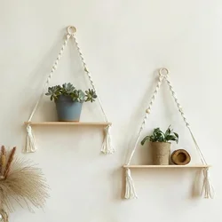 Boho Rustic Wooden Wall Hanging Shelves - Stylish Macrame Floating Decor (2 pcs)