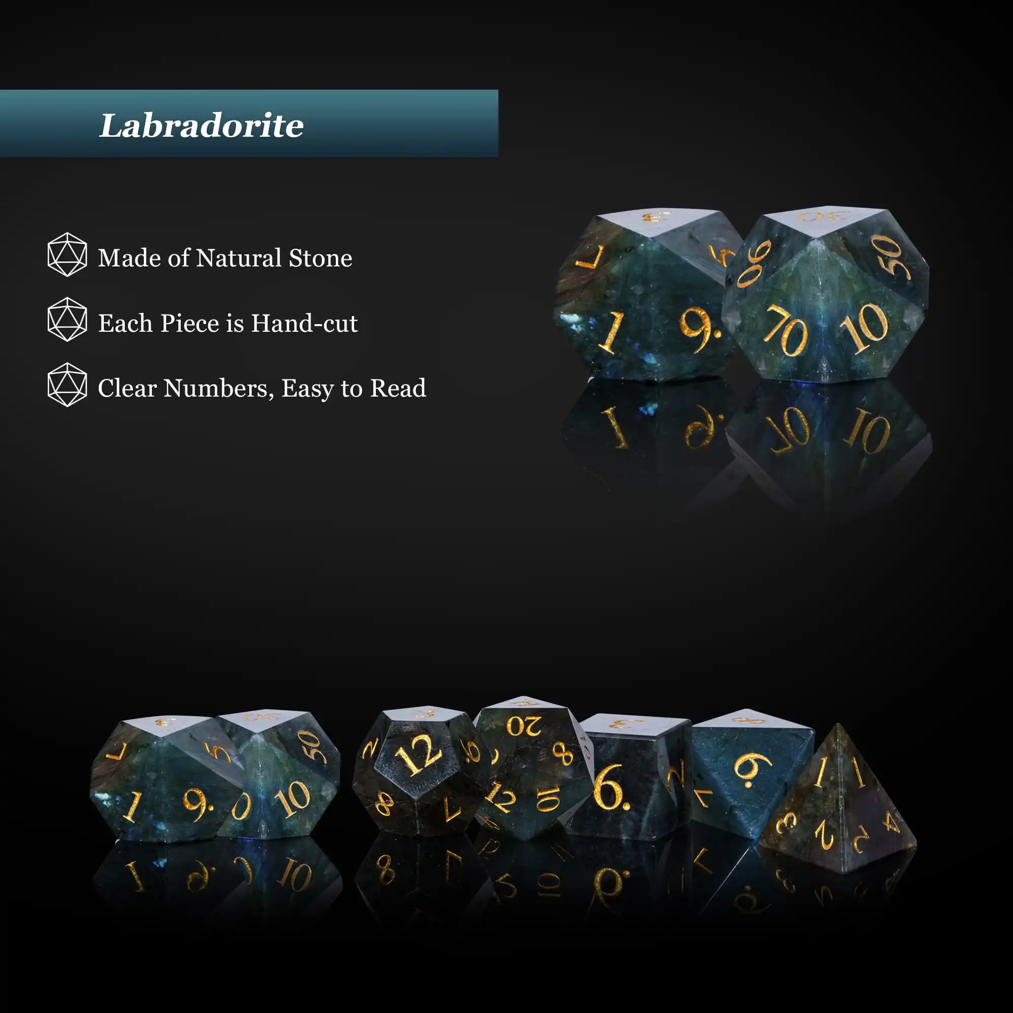 Cusdie 7Pcs Handmade Sun Stone Dice 16mm Polyhedral Dice Set with Leather box Gemstone Dices for Collection-Labradorite