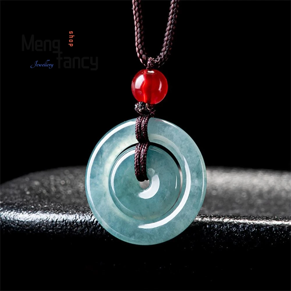 Natural A-goods Jadeite Blue Level Ann Buckle Mother Buckle Jade Pendant Simple Exquisite Mascots Fashion Jewelry Holiday Gifts