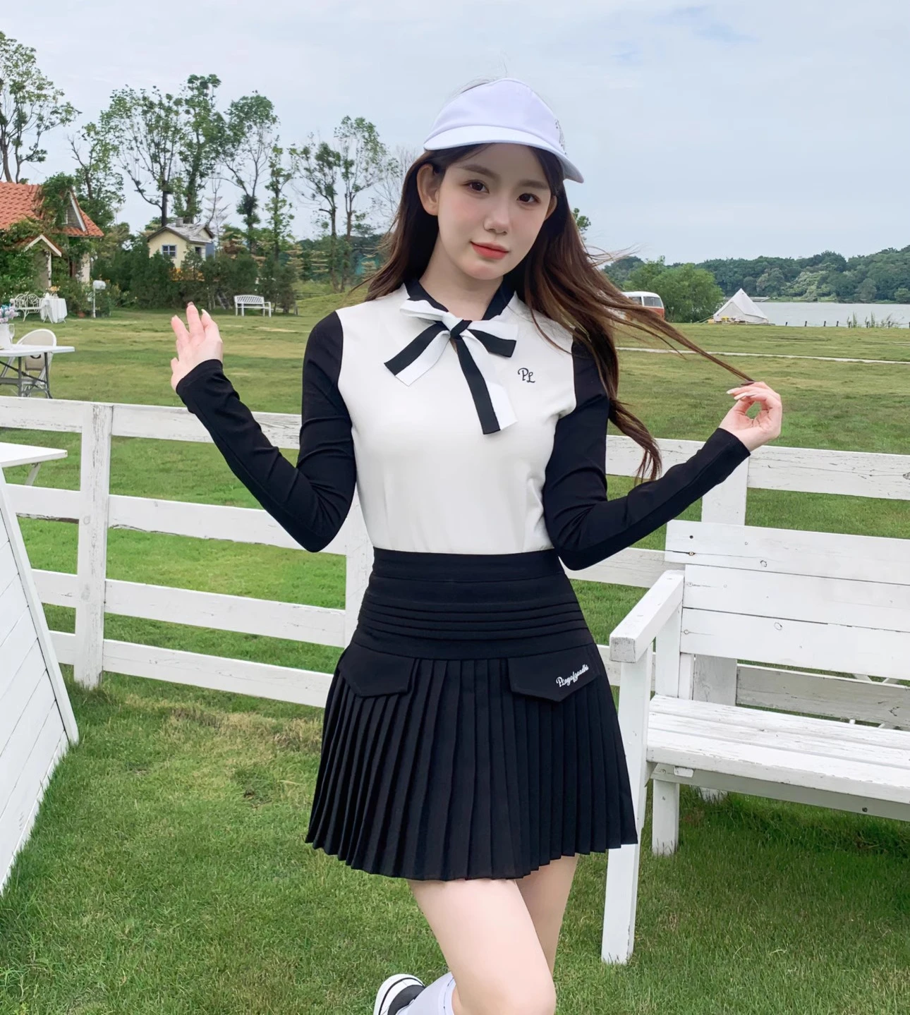 Spring Autumn Golf Clothing Women's Long Sleeved Shirt Bowknot Tie Sports Top Tennis Pleated Skirt Ladies Top Skort Suit